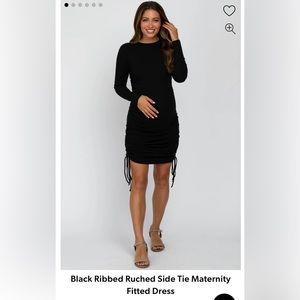 Black Ribbed Ruched Side Tie Maternity Fitted Dress